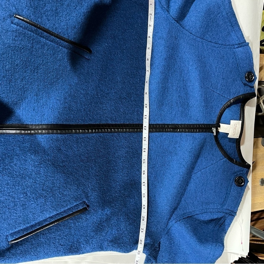 CHICO’S ~ Blue Wool Blend Coat with Black Piping - Picture 7 of 8